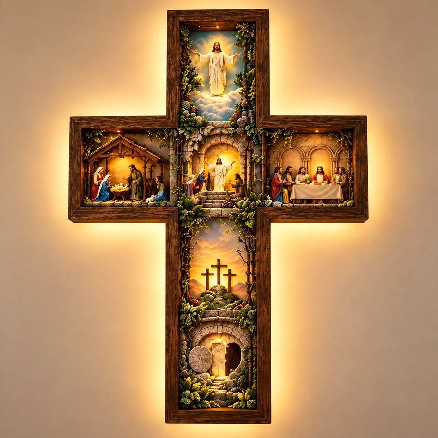 Cruz Iluminada de Madeira com Cenas Bíblicas – Decoração Cristã