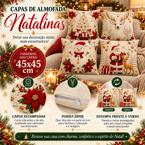 Kit Capas de Almofada Papai Noel Natalino 45x45cm – 4 ou 6 Peças