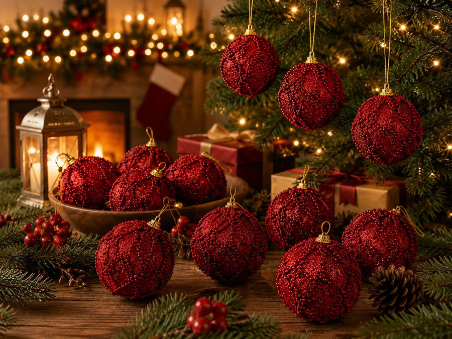 Kit Bolas de Natal Vermelho Rubi com Relevo 8cm