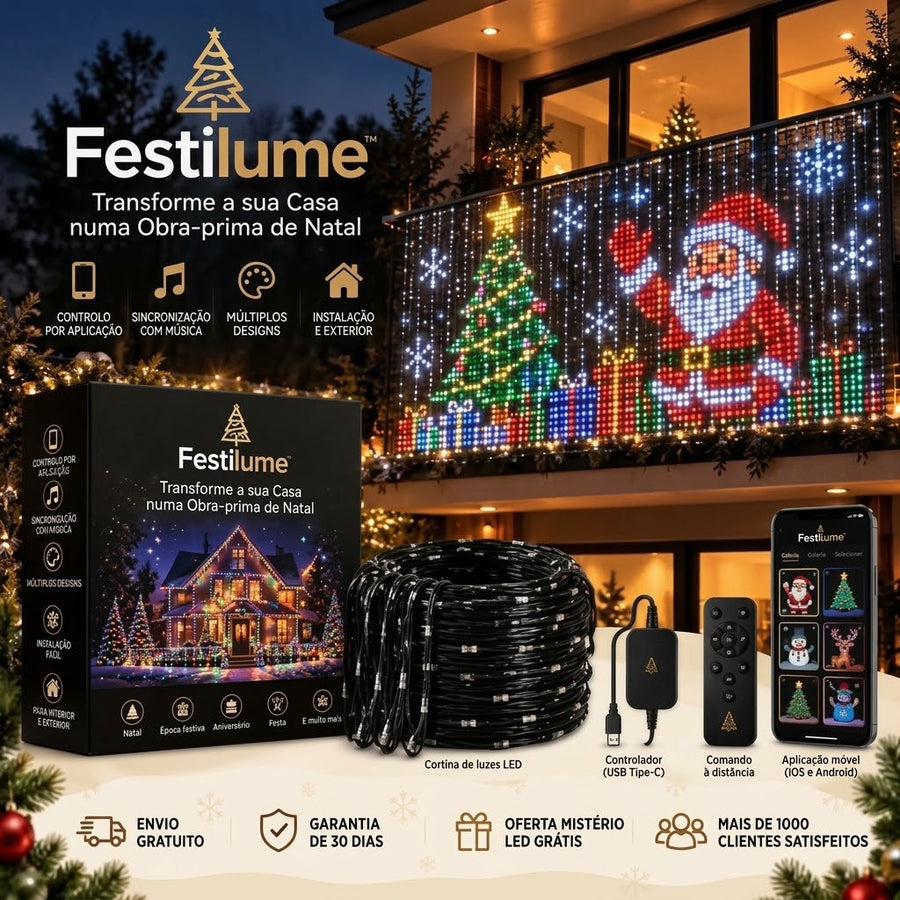 Cortina de LED Inteligente Festilume para Sacada – Animações de Natal pelo App
